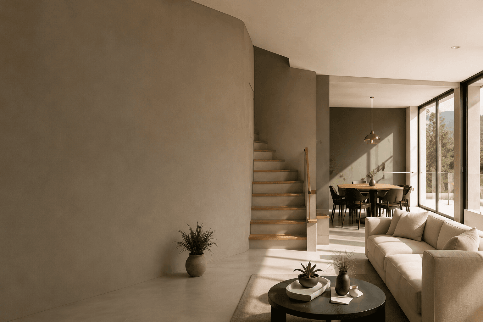 Intérieur rénové avec escalier, salon et grande baie vitrée
